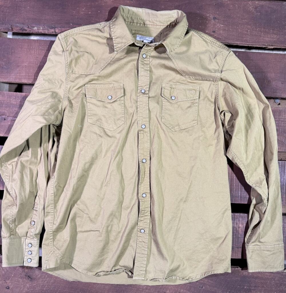 Blue Ranchwear Western Snap Shirt XL Tan Khaki Pearl Snap Long Sleeve Mens